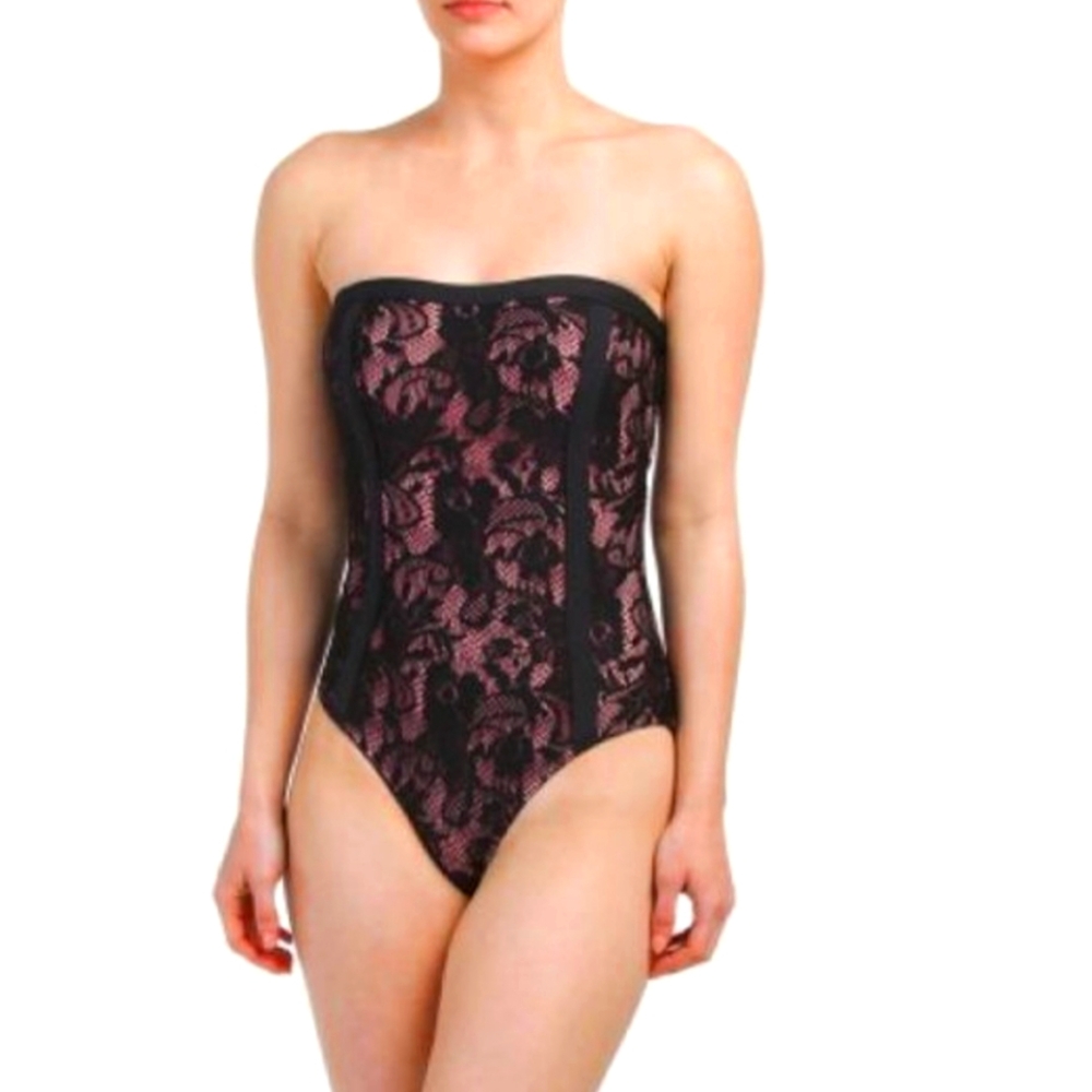 🔥BOND-EYE Australia Black/Pink Floral Lace One Piece Swimsuit Women's US 4